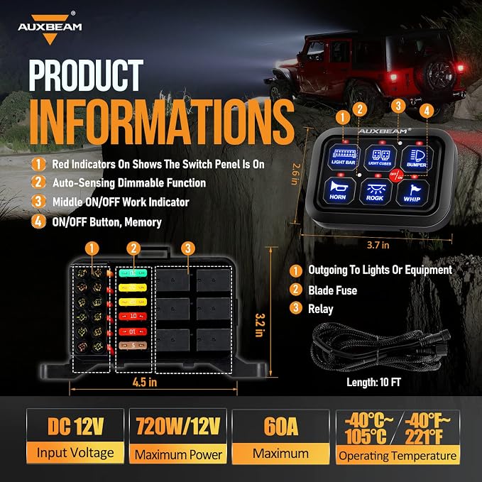 Auxbeam 6 Gang Switch Panel BC60 Universal Circuit Control Relay System - Image 2
