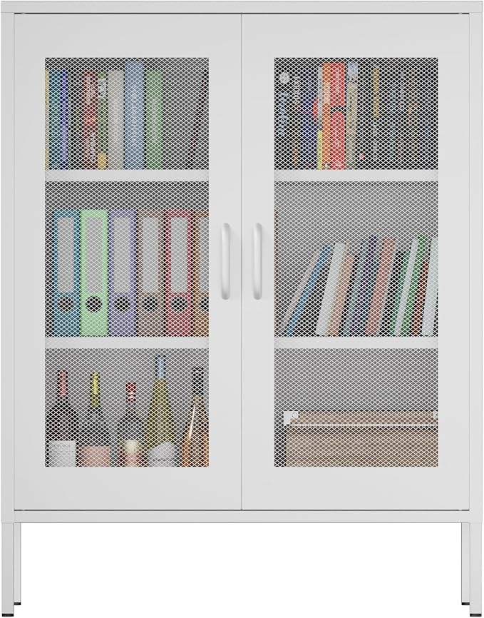 Metal Storage Cabinet with Mesh Doors, Steel Display Cabinet with Adjustable by Washsemba