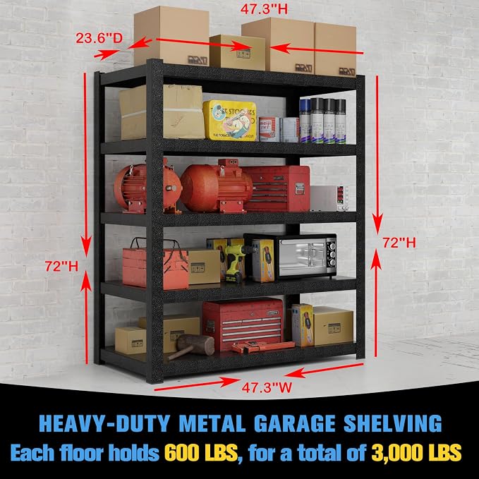 72" Hx47.3 Wx23.6 D 5 Tier Garage Shelving Heavy Duty Garage Storage Shelves - Image 2
