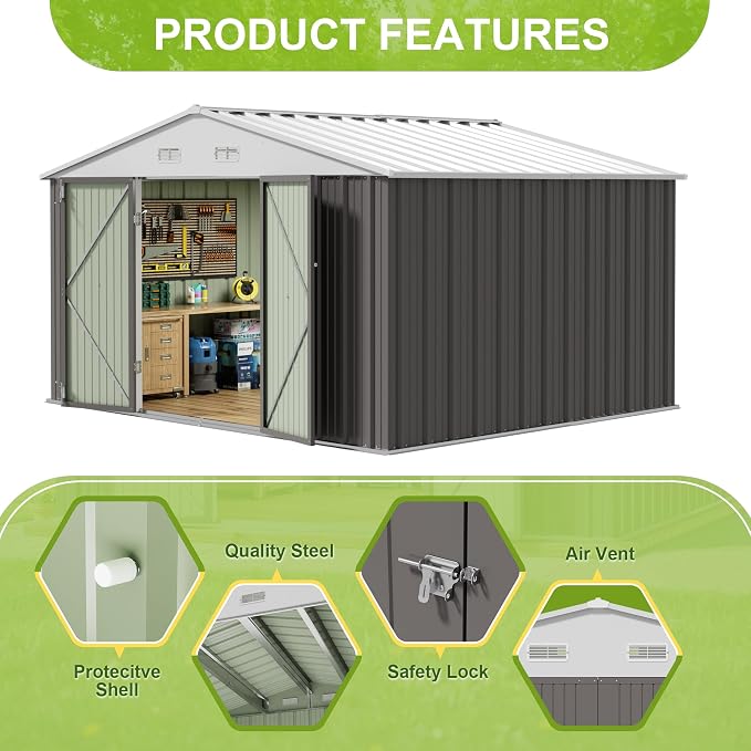 JUMMICO 8 x 10 FT Outdoor Storage Shed, Large Metal Garden Shed & Tool Sheds - Image 4