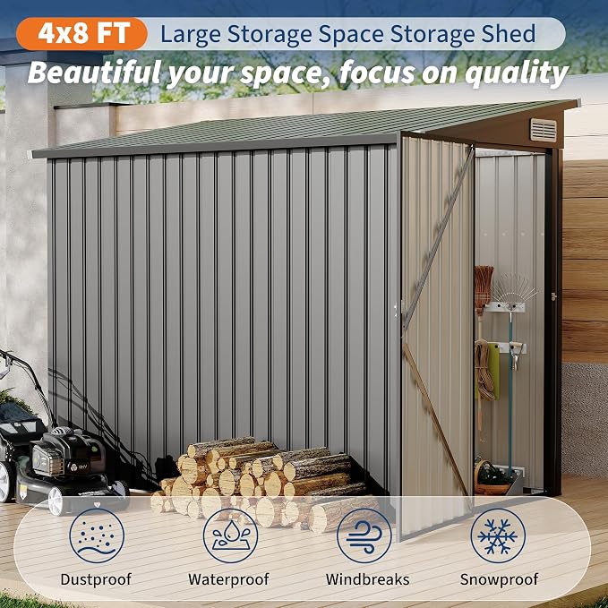 4x8 FT Metal Outdoor Lean to Storage Shed, Lean to Garden Shed Utility Tool Shed - Image 7