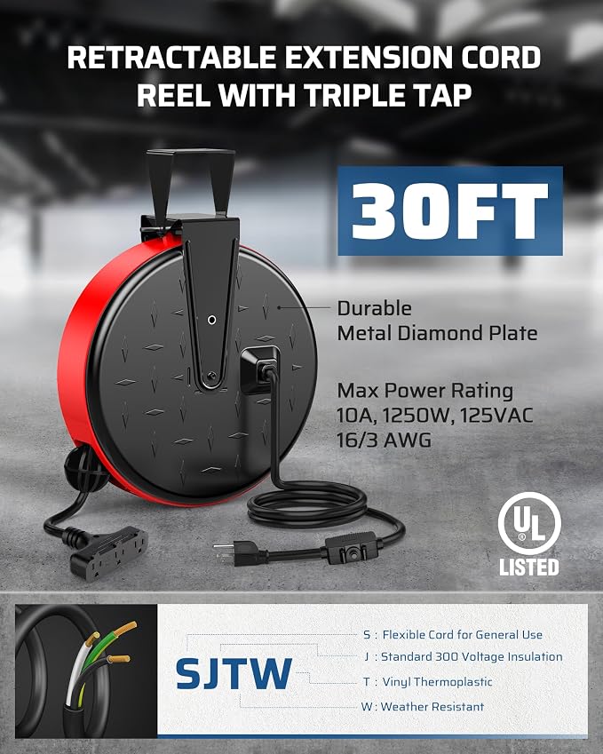 DEWENWILS 30 Ft Retractable Extension Cord Reel, Ceiling or Wall Mount 16/3 - Image 3
