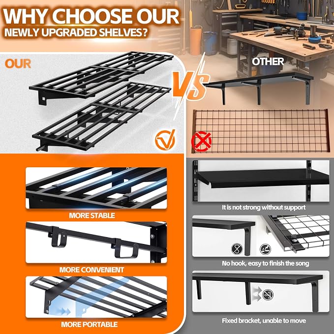 Garage Wall Shelving with Hooks, Loads 1050 lbs Heavy Duty Wall Shelves - Image 6