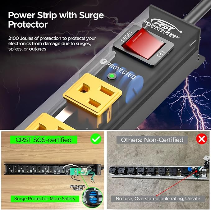 CRST 2Pack 6 Outlet Surge Protector Power Strip 2100J - Image 3