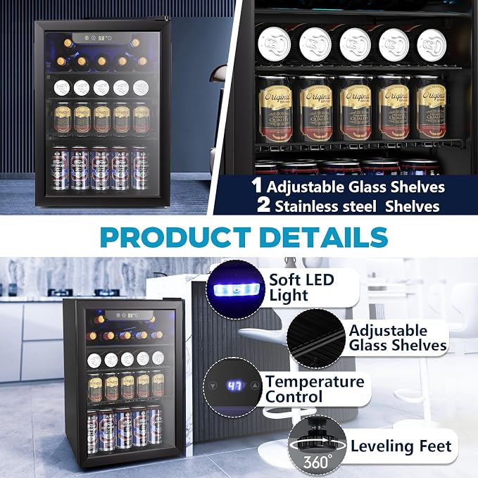 26 Bottle Wine Cooler, 95 Cans Beverage Refrigerator, 2.6 cu.ft Drink Fridge - Image 5