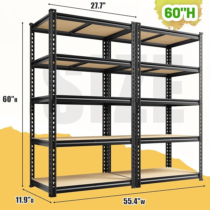 Set of 2 Storage Shelves, 27.7"W Metal Shelving 2010LBS Garage Shelving Heavy - Image 3