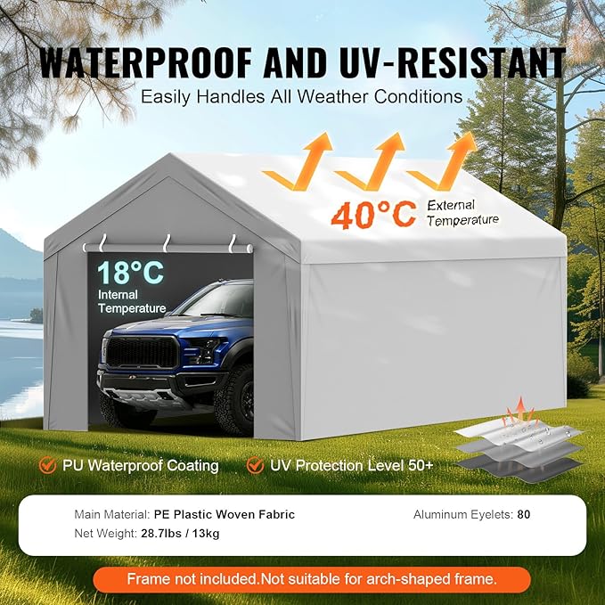 VEVOR Carport Replacement Canopy Cover Top + Side Wall 10 x 20 ft, Garage Tent - Image 3