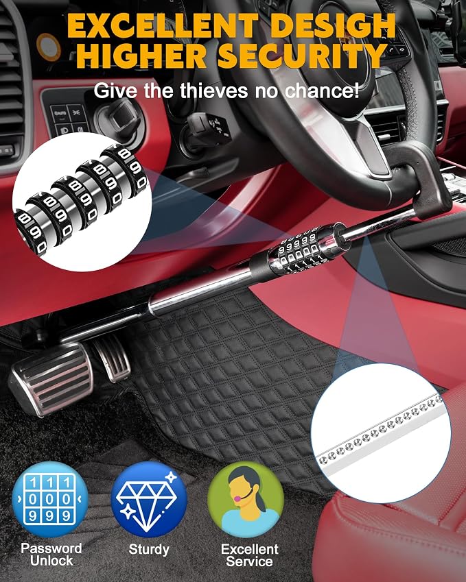 Tevlaphee Steering Wheel Lock Anti Theft Device Retractable Brake Pedal Lock - Image 6