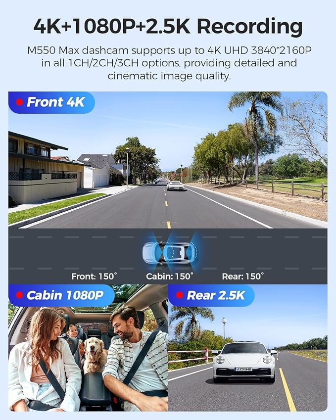 AZDOME M550 Max 4K 3 Channel Dash Cam, Dual STARVIS Sensors, 4K+2.5K+1080P - Image 2