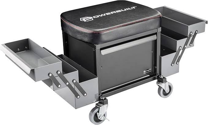 Powerbuilt Rolling Seat with Expandable Tool Trays, Roller Toolbox Garage Stool by PowerbuiltTools