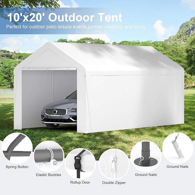 Carport 10x20 Heavy Duty Portable Garage w/Removable Sidewalls & Roll-Up Door - Image 3