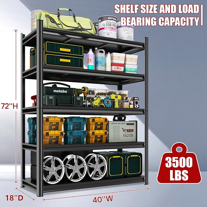 40" Wx72 H, Heavy Duty 5-Tier Steel Garage Shelving Unit | 3500LB Capacity| - Image 2