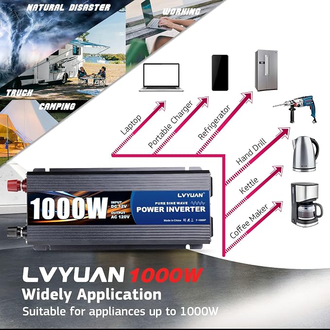 LVYUAN 1000 Watt Pure Sine Wave Power Inverter 12V to 110V/120V DC to AC - Image 7