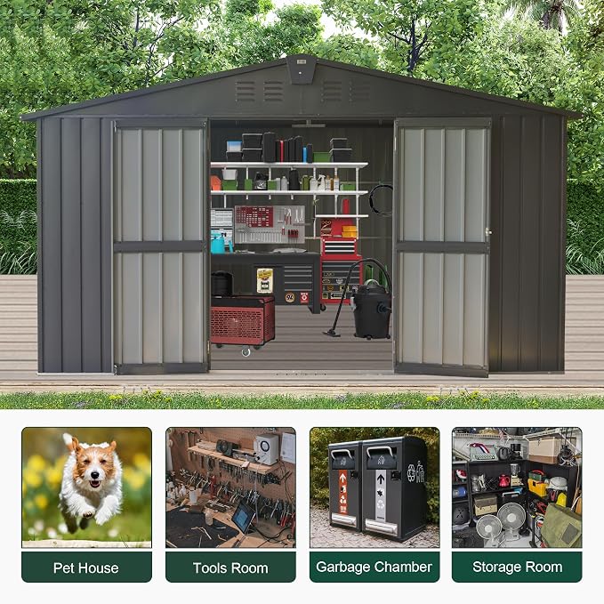 Domi Outdoor Storage Shed 11' x 9', Metal Steel Utility Tool Shed Storage House - Image 6