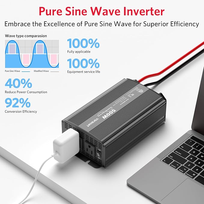 500W Pure Sine Wave Power Inverter, DC 12V to 110V AC Car Plug Inverter Adapter - Image 3