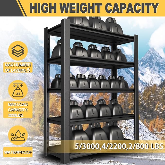 72" H x 48" W x 20" D 5-Tier Heavy Duty Garage Shelving Unit, 3000 LBS Capacity - Image 5