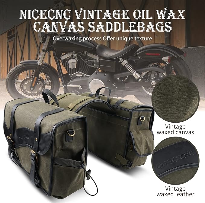 NICECNC Motorcycle Saddlebags Vintage Oil Waxed Canvas Leather, 30L Throw Over - Image 3