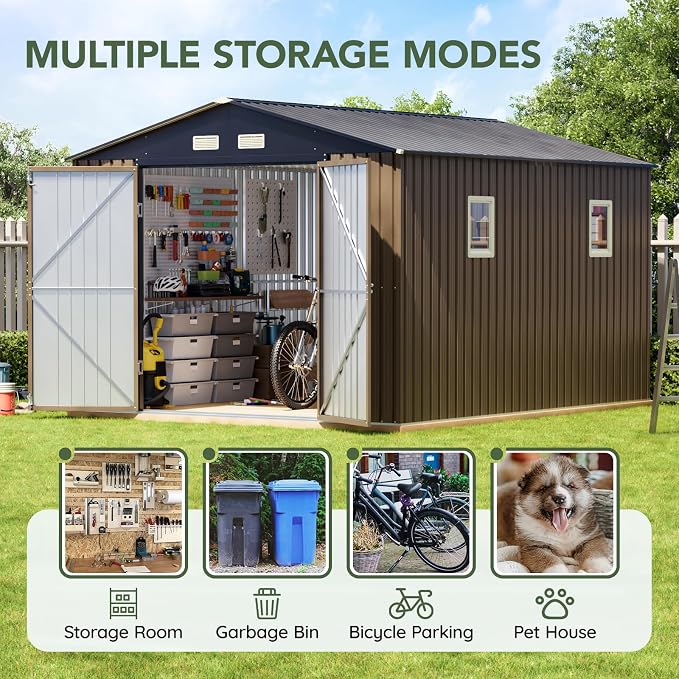 10x10 FT Outdoor Metal Storage Shed, Double Swing Doors, 2 Clear Windows - Image 3