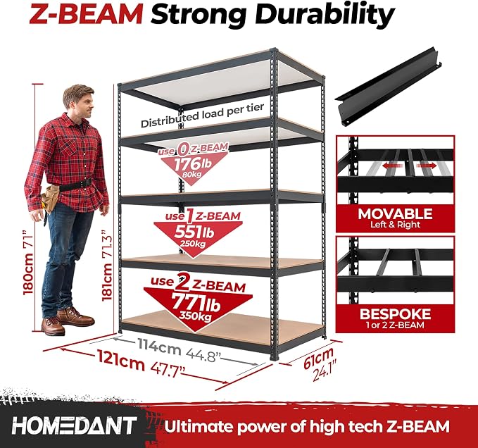 HOMEDANT 5 Tier Laminated Boltless Heavy Duty Garage Storage Adjustable Wide - Image 2
