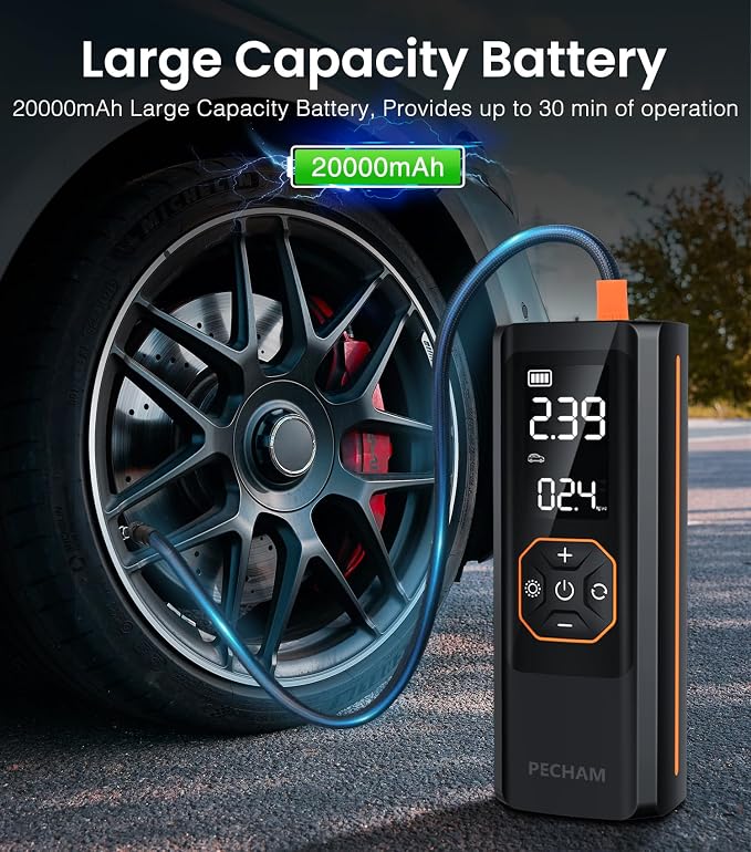 PECHAM Tire Inflator Portable Air Compressor, USB 5V 20000mAh Battery 160PSI - Image 3