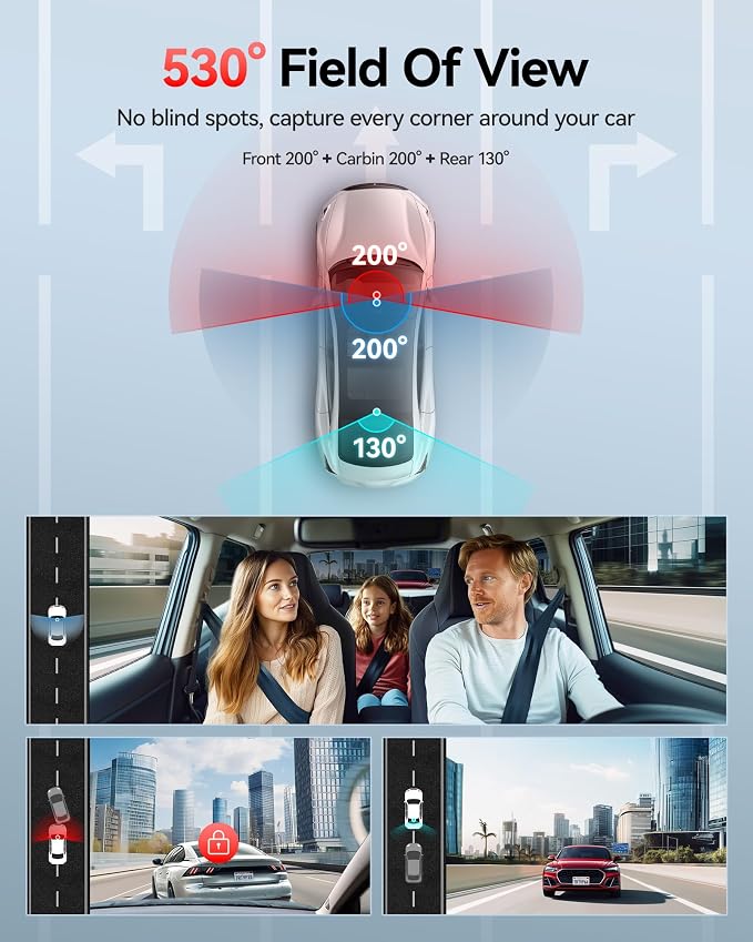 REDTIGER 530° Dash Cam 3 Channel, 2.5K+2.5K+1080P Triple Car Camera - Image 2