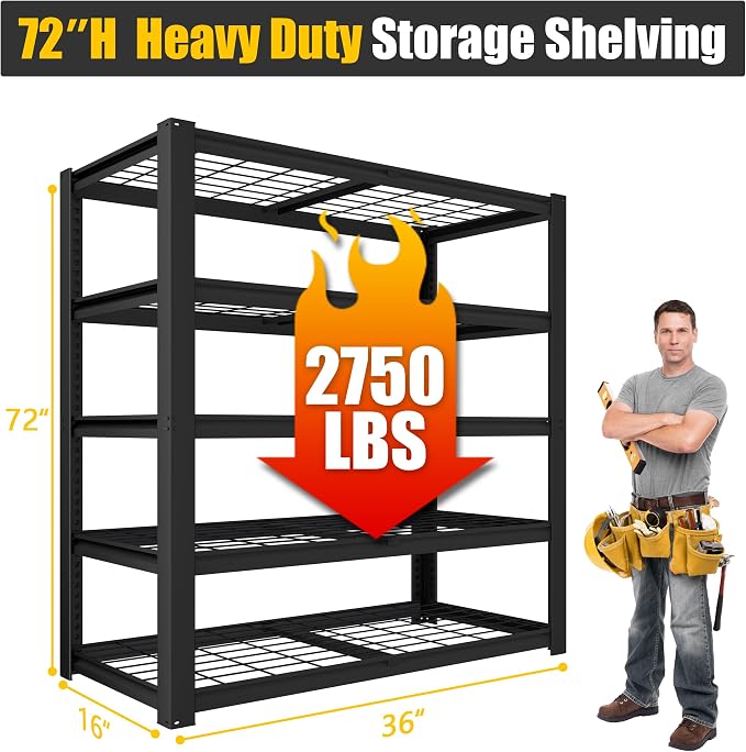 PrimeZone 36" W Heavy Duty Garage Shelving 5 Tier Heavy Duty Storage Shelves - Image 3