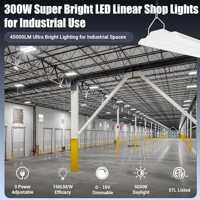 LED Linear Shop Lights 300W, 45000LM Led High Bay Lights 5000K Daylight 120-277V - Image 2