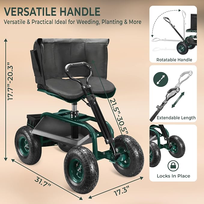 Garden Seat with Wheels – Adjustable 360° Swivel Gardening Stool with Hydraulic - Image 3