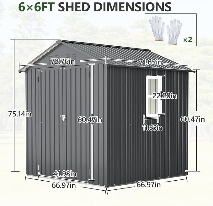 Outdoor Storage Shed, 6 X 6ft Metal Galvanized Steel Garden Shed - Image 2