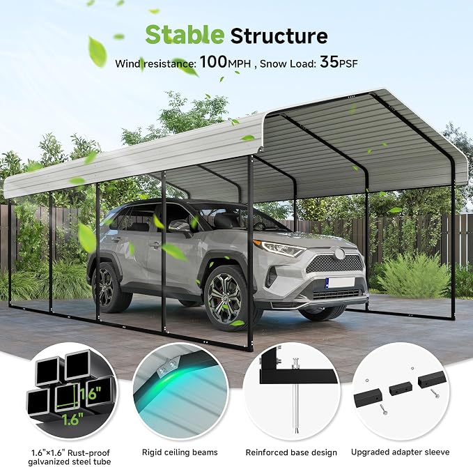 Real Relax 12x20ft Metal Carport, Heavy Duty Garage Outdoor Galvanized Car - Image 3