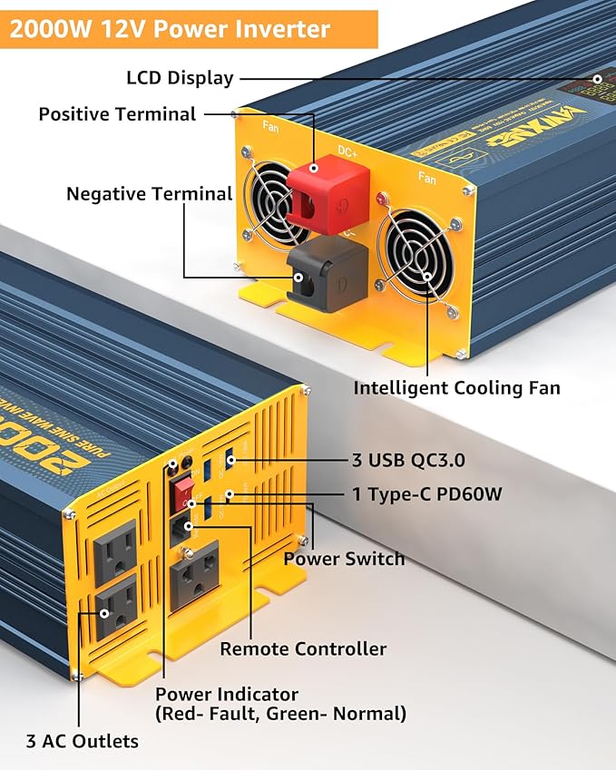 2000W Pure Sine Wave Power Inverter DC 12V to 110V 120V AC - Image 2
