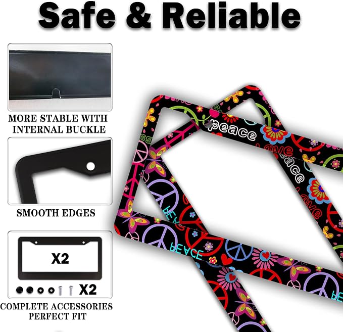 Car License Plate Frame Multicolor License Plate Frames Hippies Peace Flower - Image 4