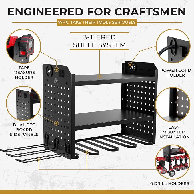 Power Tool Organizer-6 Drill Holder Wall Mount, 3 Tier Heavy-Duty Hand Tool - Image 2