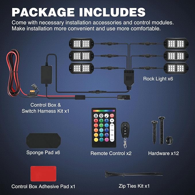 Nilight RGB LED Rock Lights Kit 6 PCS 18LED Wide Angle Wheel Well Light - Image 9
