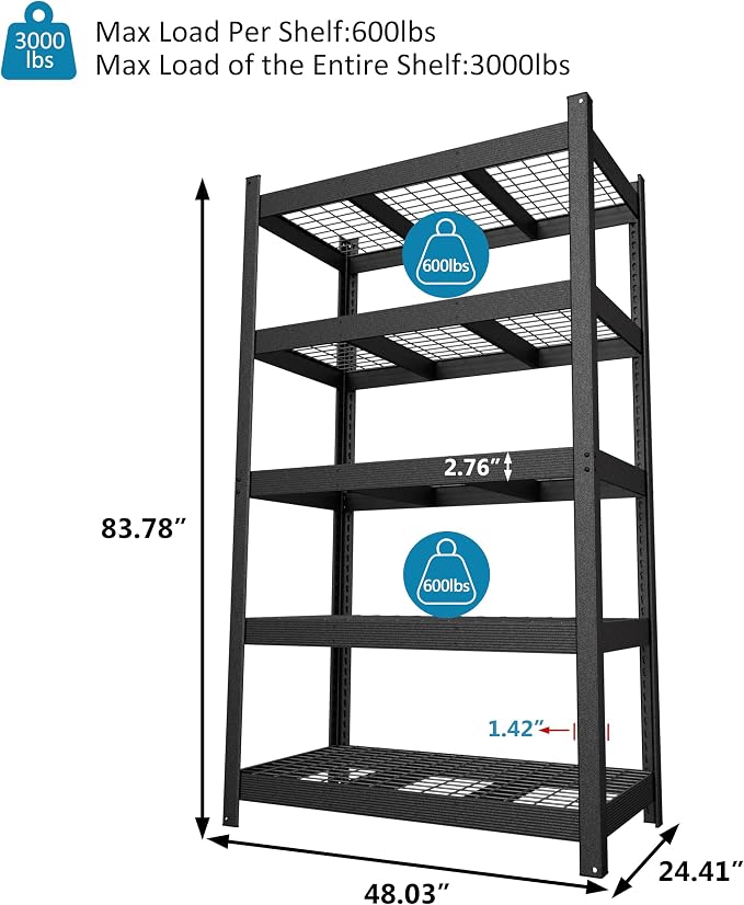 MUPATER 48.03”W × 24.41”D × 83.78”H Metal Storage Shelves, 5-Tier Adjustable - Image 3