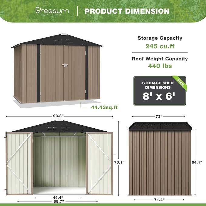 Greesum Outdoor Storage Shed 6 x 8 ft. Utility Tool Shed Metal Storage Garden - Image 6