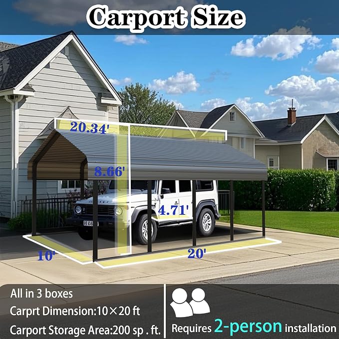 Heavy Duty Metal Carport 10x20 ft Galvanized Steel Carport Shelter - Image 2