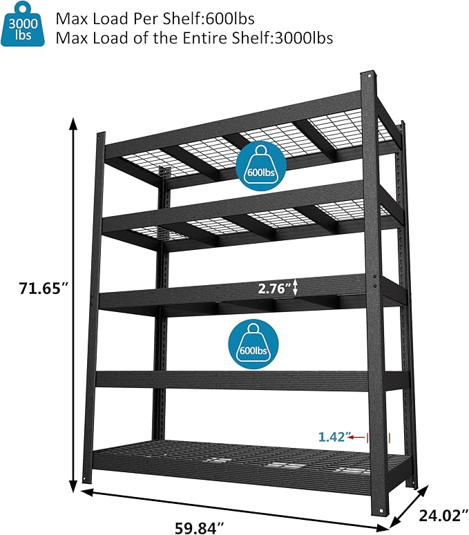 MUPATER 59.84”W × 24.02”D × 71.65”H Heavy Duty Metal Storage Shelves, 3000 LBS - Image 3