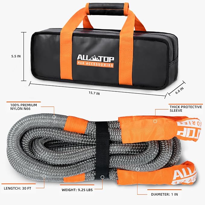 ALL-TOP Kinetic Recovery Rope, 1in x 30ft, Heavy Duty 30+% Elasticity, 16000Lbs - Image 6