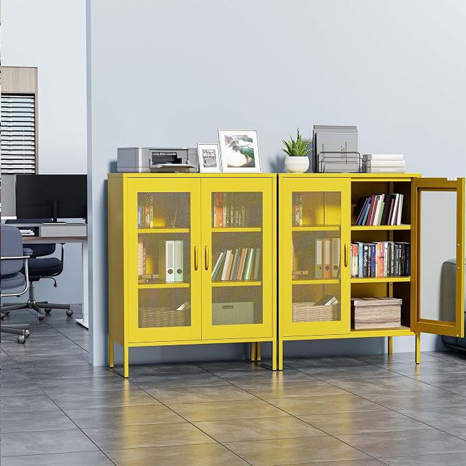 Metal Storage Cabinet with Mesh Doors, Steel Display Cabinet with Adjustable - Image 2