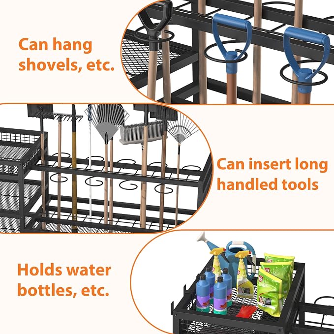 Garden Tool Organizer with Wheels-Movable Garden Tool Rack with Storage Hooks - Image 5