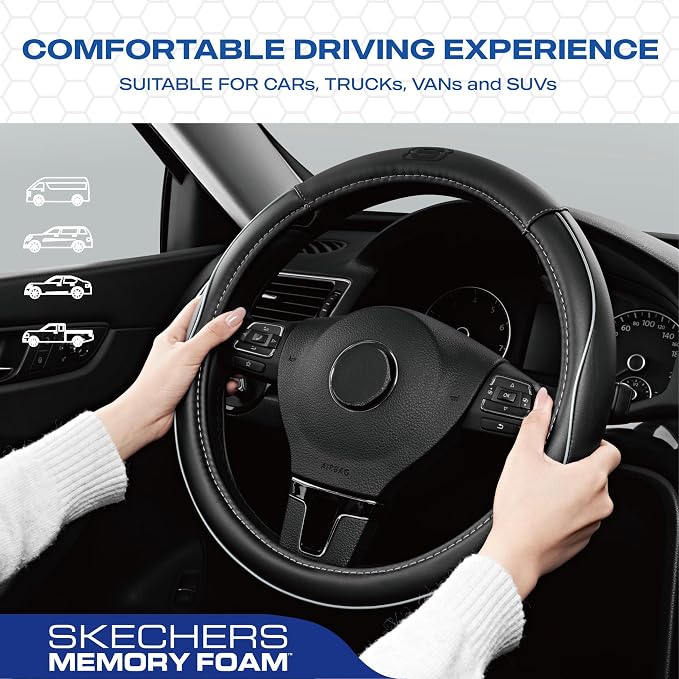Skechers Memory Foam Steering Wheel Cover, Piping Microfiber Leather Steering - Image 4