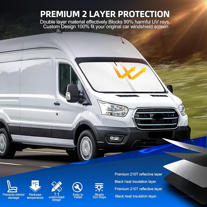 Windshield Sun Shade for Ford E-Transit 2022-2025 2026 Foldable Sunshade Custom - Image 3