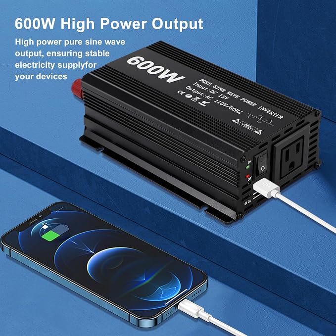 Power Inverter 600W Pure Sine Power Inverter DC 12V to AC 110V Car Converter - Image 4