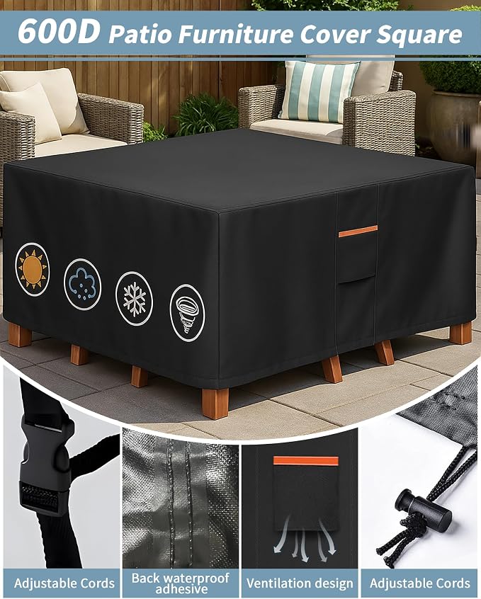 Outdoor Waterproof Furniture Cover, 54W x 54L x 28H inches Heavy Duty 600D - Image 5