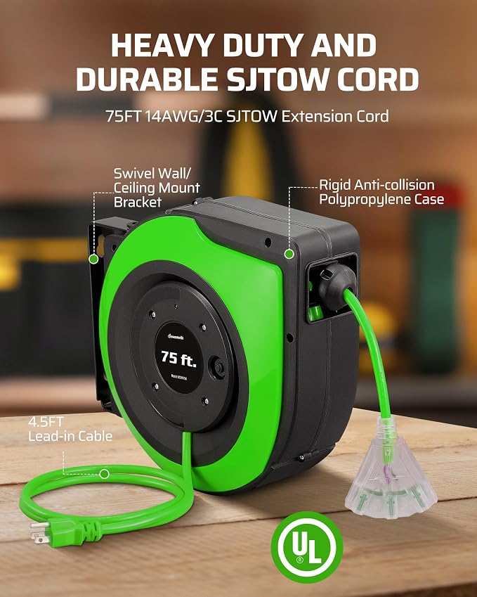 DEWENWILS Retractable Extension Cord Reel, 75 FT Heavy Duty Power Cord - Image 3