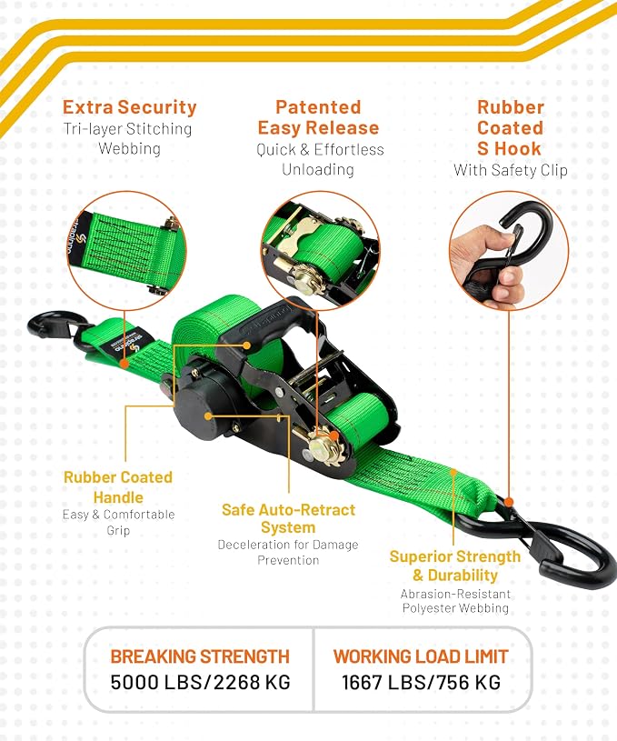 Strapinno Retractable Ratchet Tie-Down Straps, 000 lbs Breaking Strength- 2 in - Image 2