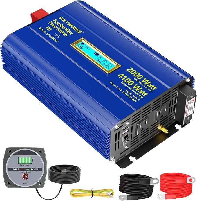 Power Inverter 2000Watt Pure Sine Wave Inverter 12V to 110V 120V AC 4100W Surge by VOLTWORKS