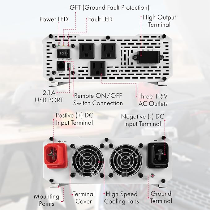 Wagan EL3808 Pure Line Power Inverter 2000 Watt DC 12V to 110V AC Car Pure Sine - Image 2