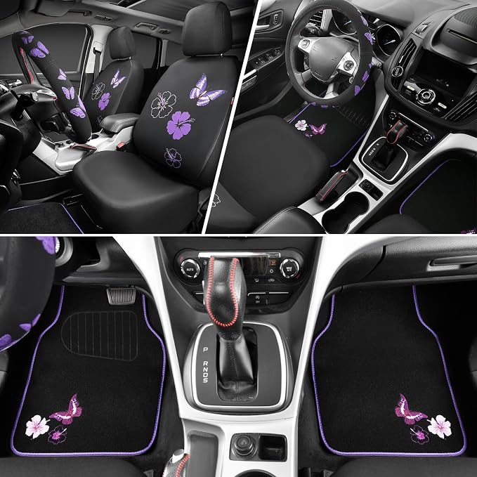 CAR PASS Universal Cloth Butterfly Car Seat Covers Full Set, Embroidered Flower - Image 4
